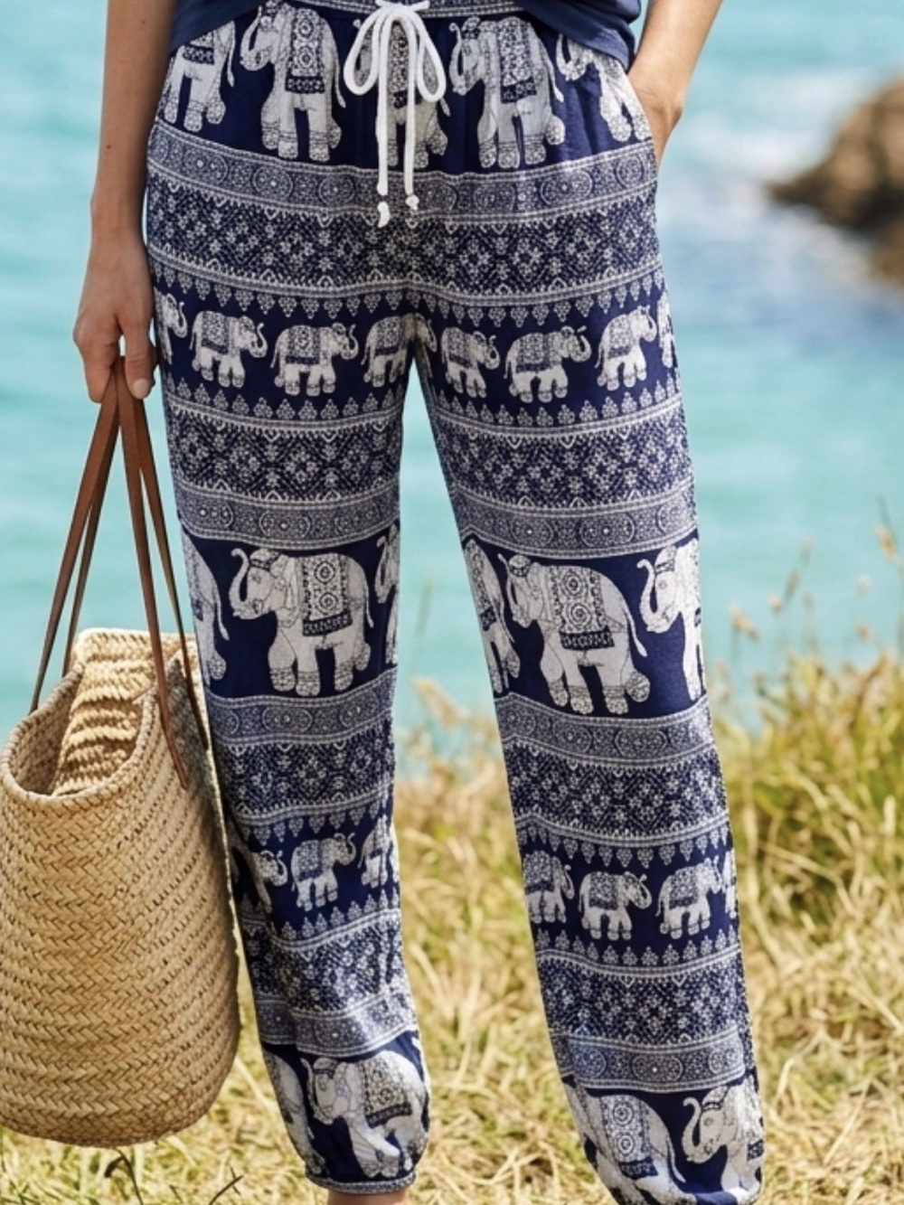 Bohemian Elephant Print Black and White Cropped Pants